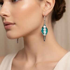 Teal Enamel Pearl Drop Earrings - Unbranded
